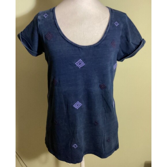 Lucky Brand Women's Size M Blue Embroidered Diamond Short Sleeve Blouse - Picture 1 of 7